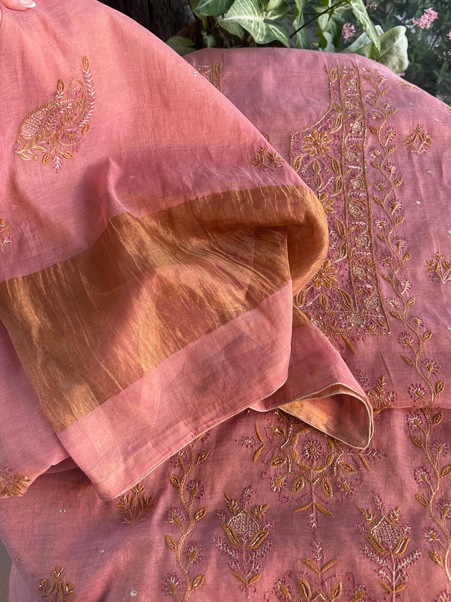 Rose Pink Shade Roheen Tissue Silk Chikankari Unstitched Fabric