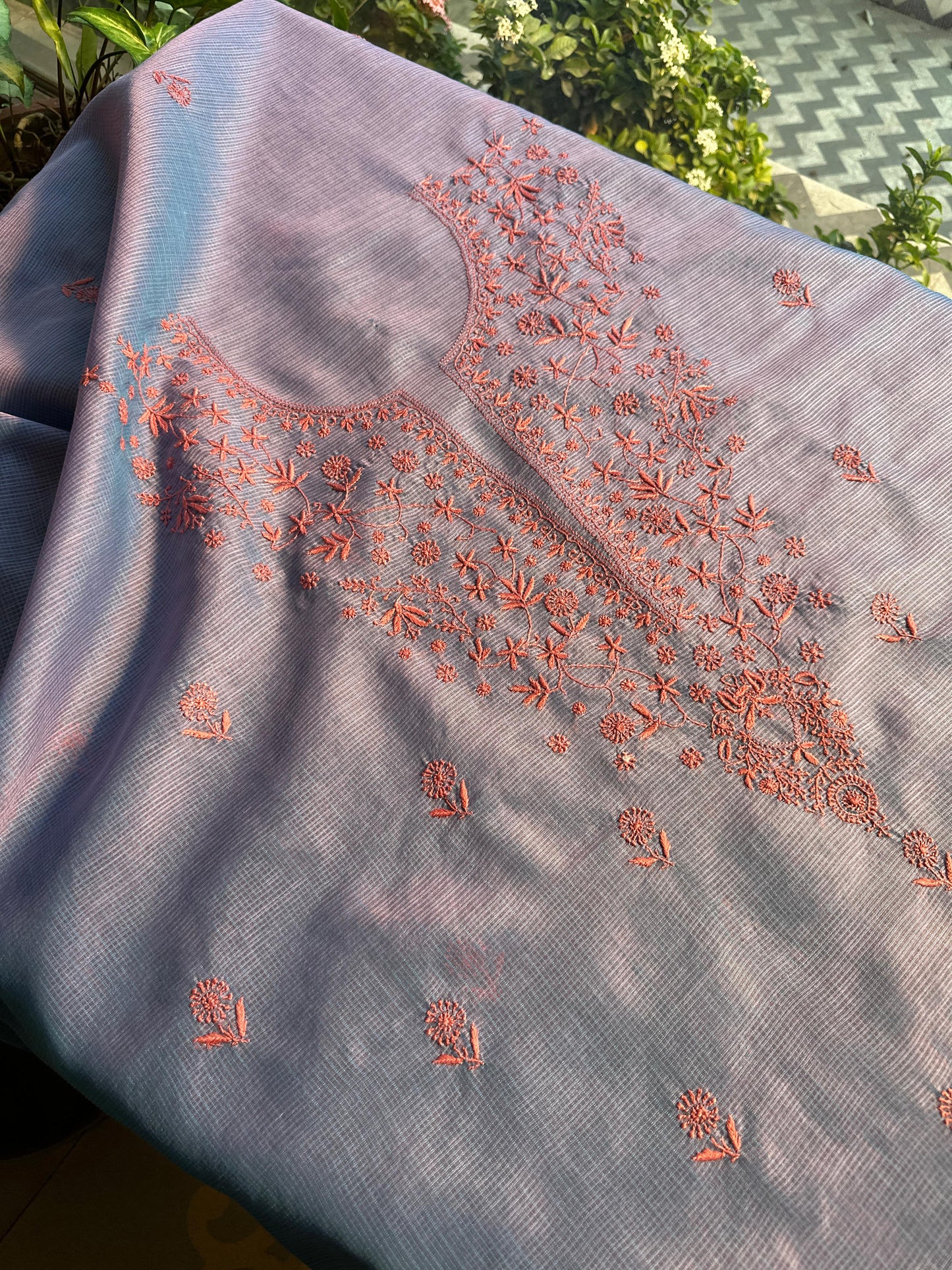 Blue & Pink Kota Chikankari Unstitched Fabric