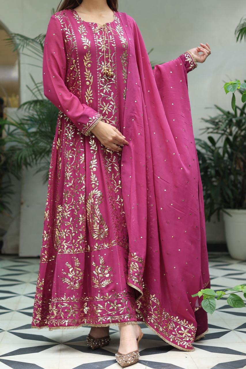 Plum Pink Shade Heavy Mukaish Badla Anarkali Suit Set