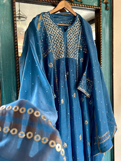 Blue Shade Mukaish Mul Chanderi Silk Dress