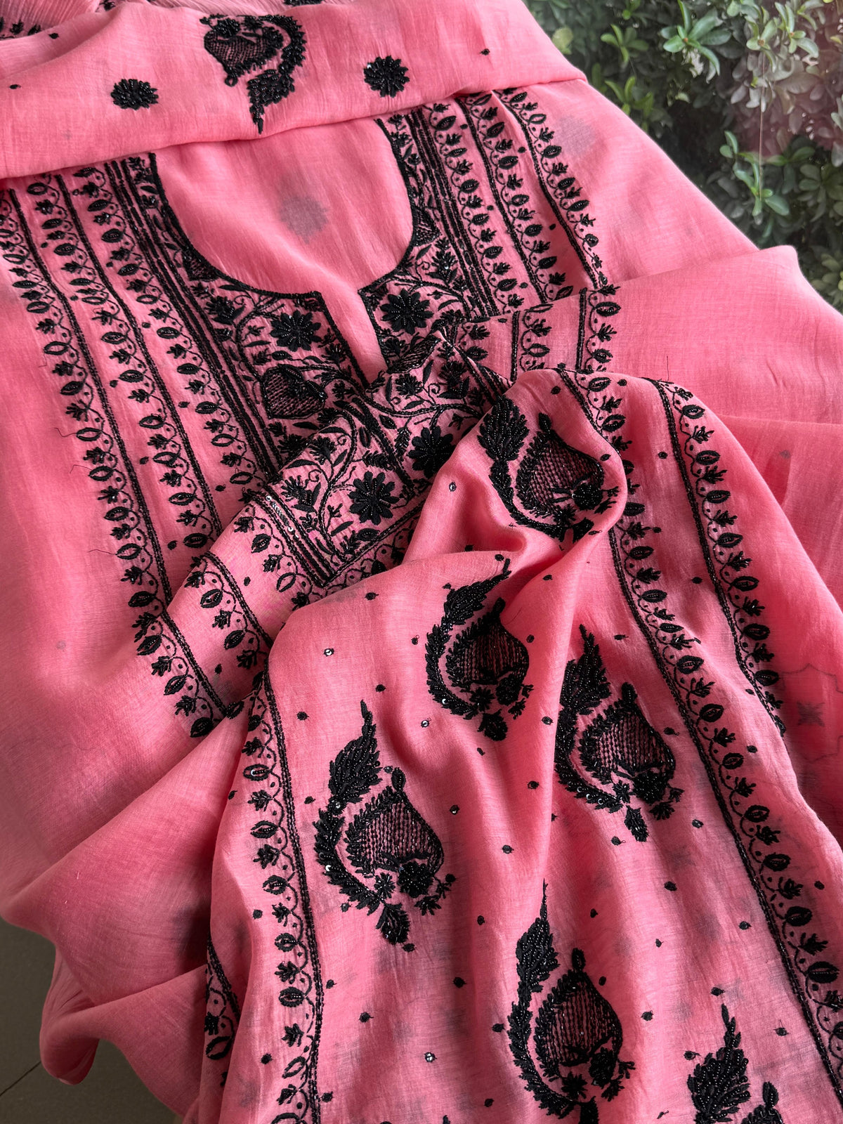 Candy Pink & Black Mal Chanderi Silk Chikankari A Line Unstitched Fabric