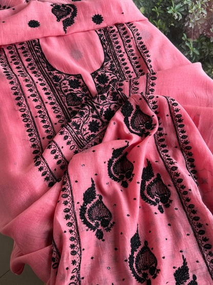 Candy Pink & Black Mal Chanderi Silk Chikankari A Line Unstitched Fabric