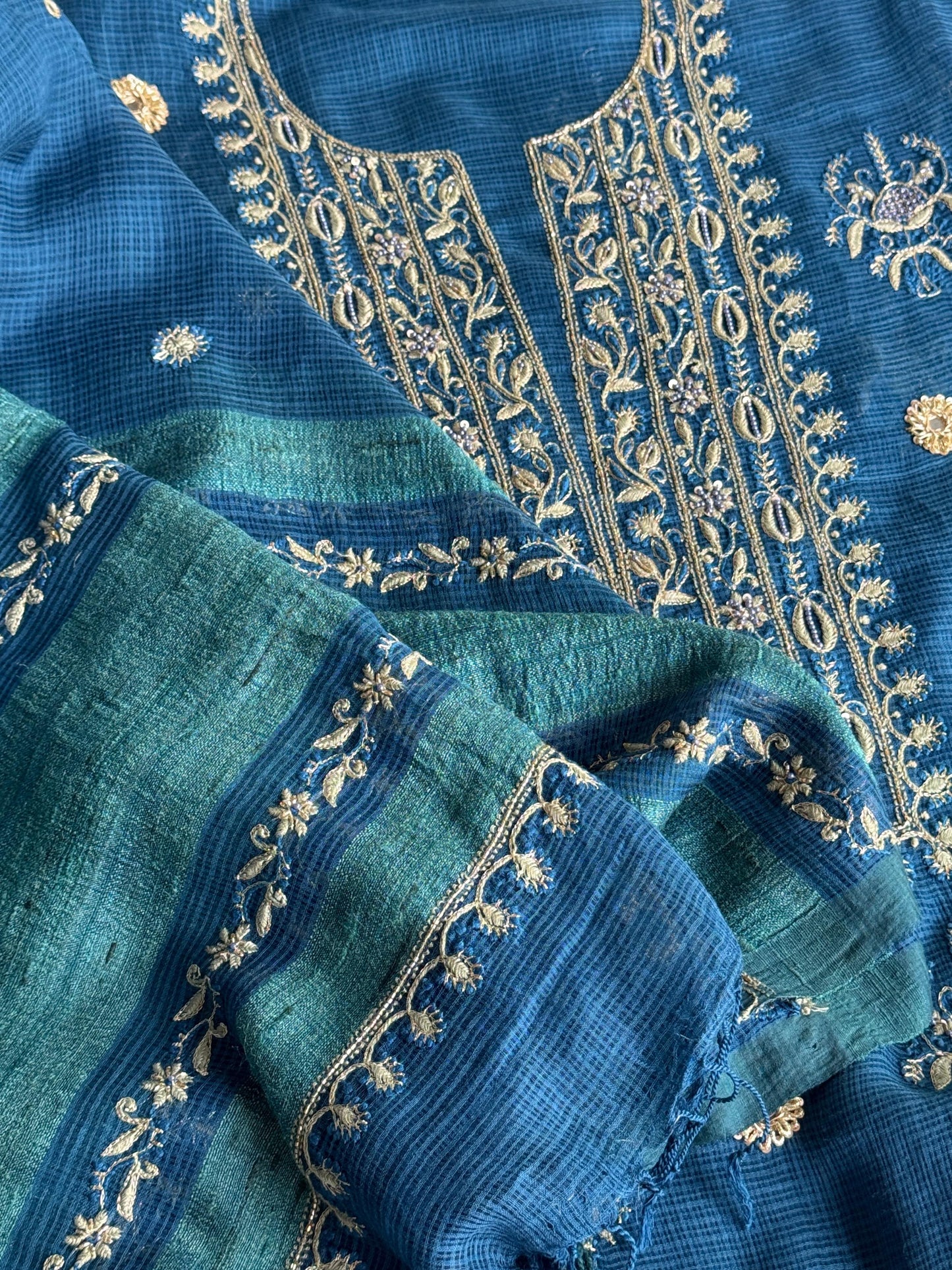 Blue Handloom Kota Chikankari With Mirror Work Unstitched Kurta Dupatta Set