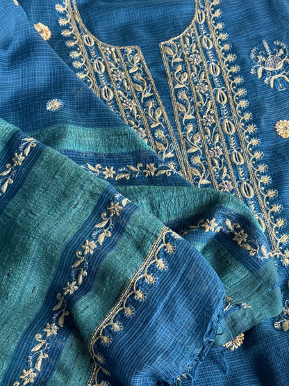 Blue Handloom Kota Chikankari With Mirror Work Unstitched Kurta Dupatta Set