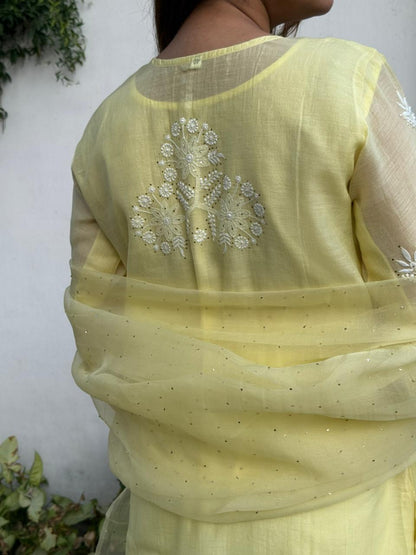 Lemon Custard Daraz Applique Chikankari Mukaish Kurta Dupatta Set