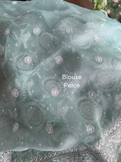Mint Green Sparrow Motif Noor Organza Chikankari Saree With Blouse