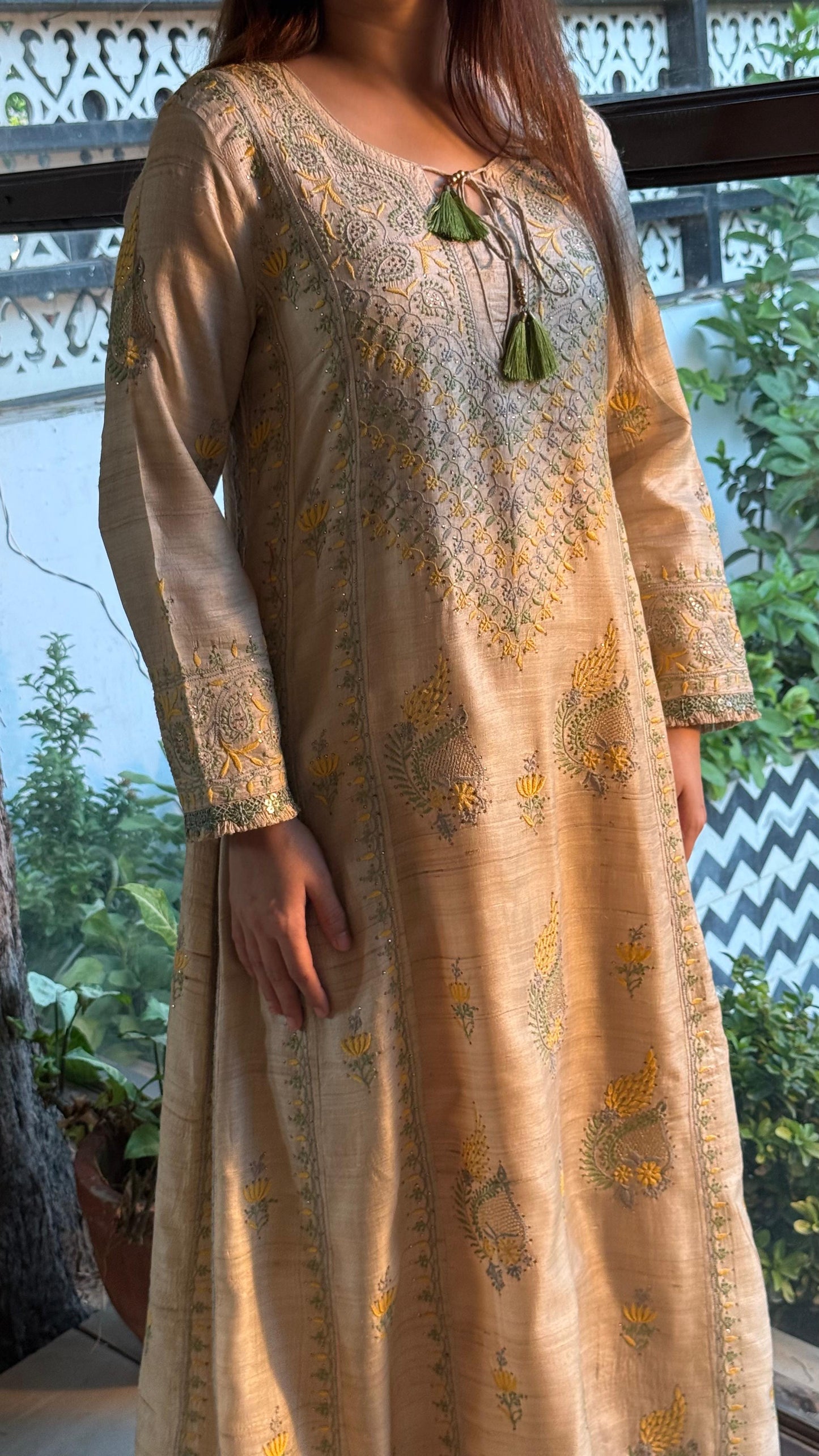 Basak Natural Tussar Silk Kalidar Chikankari Kurta Set