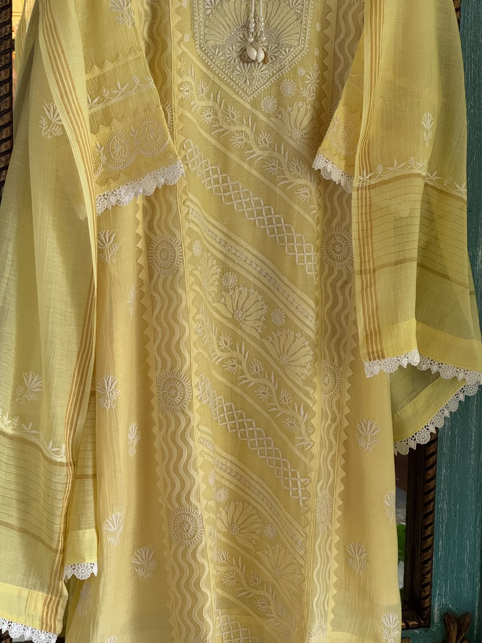 Yellow Shade Malmal Straight Cut Applique Chikankari Pearl & Sequins Kurta Set