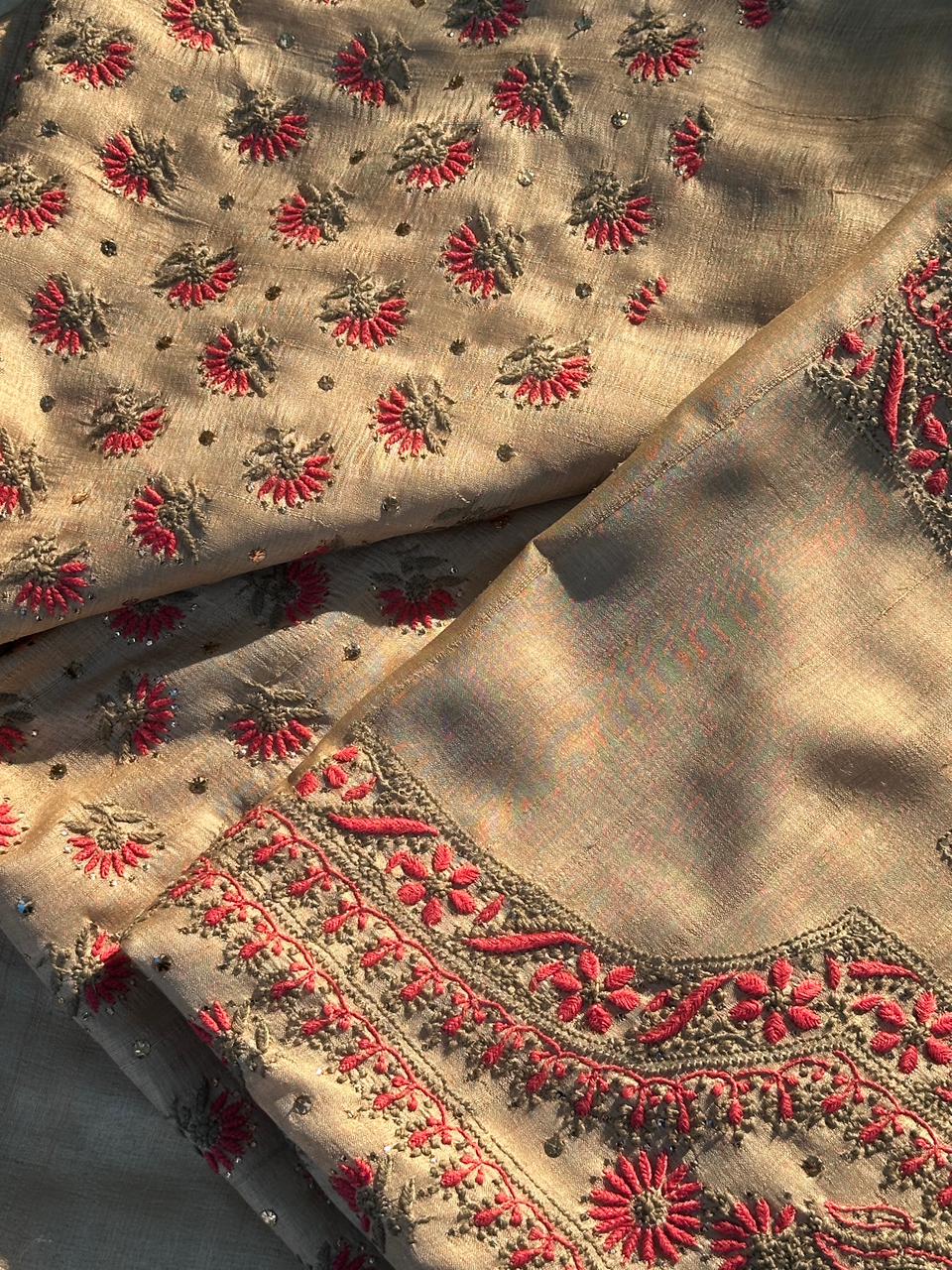Natural Beige Shade Tussar Silk With Dual Thread Chikankari Fabric