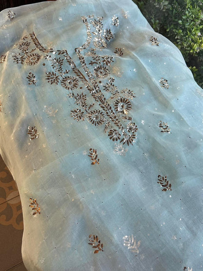 Sea Green Shade Noor Organza Silk Badla Unstitched Kurta Dupatta Set