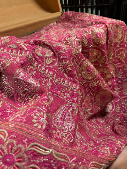 Hot Pink Tissue Silk Chikankari Unstitched Fabric