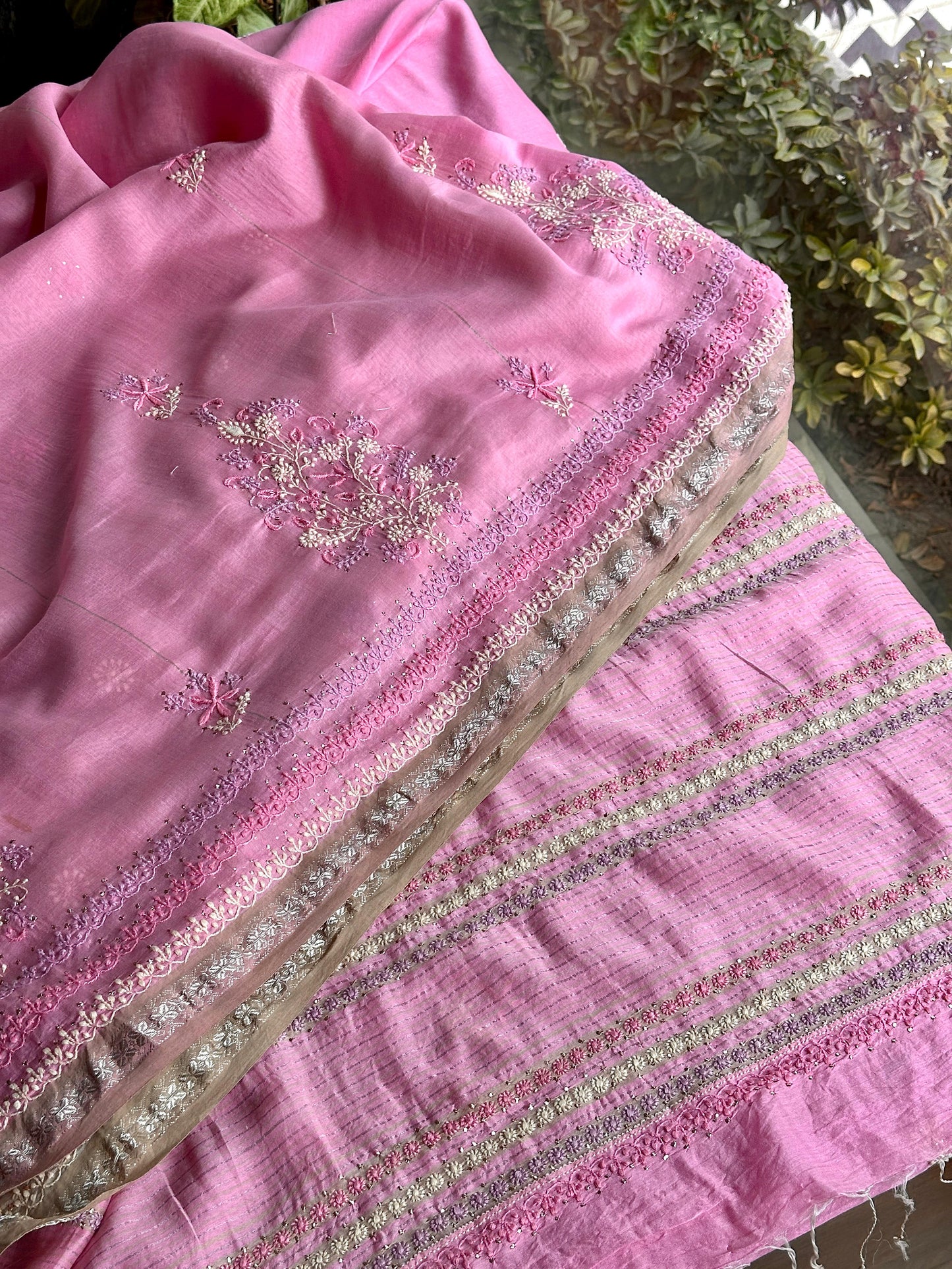 Pink Shade Chanderi Chikankari Saree
