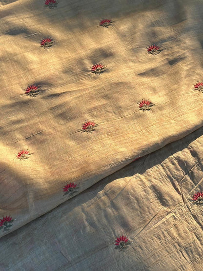 Natural Beige Shade Tussar Silk With Dual Thread Chikankari Fabric