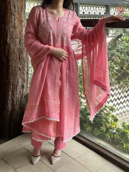 Pink Shade Malmal Mukaish Kamdani Chikankari Kurta Set