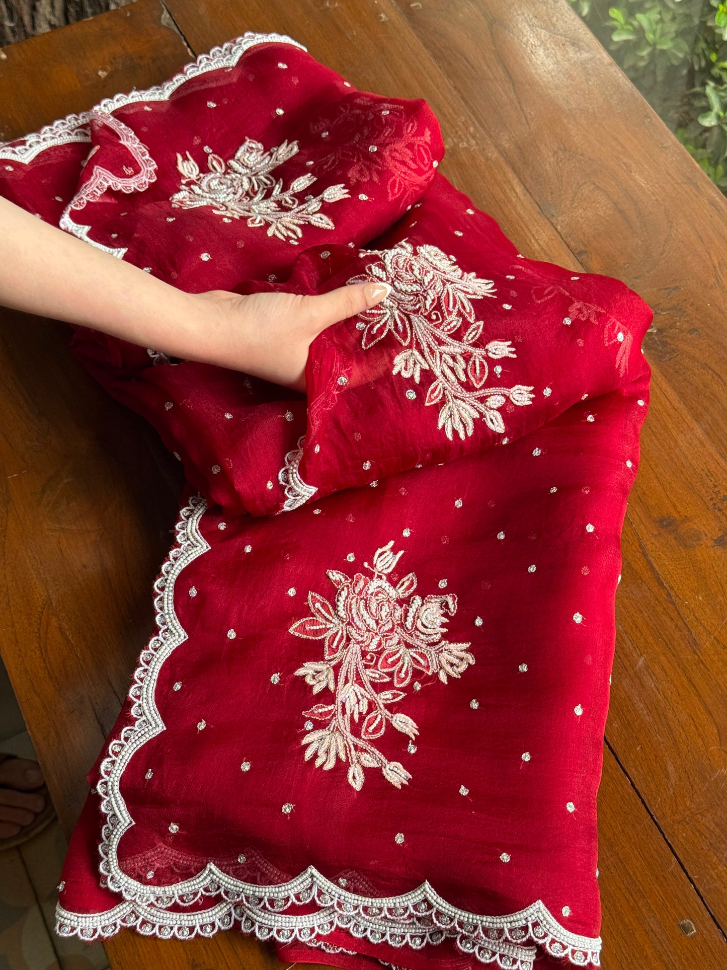 Noor Wine Red Organza Cutwork Chikankari Saree
