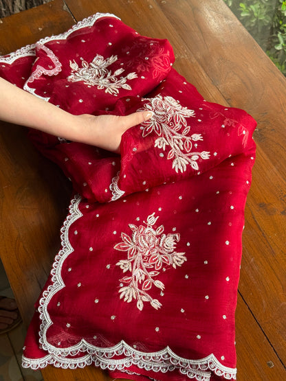 Noor Wine Red Organza Cutwork Chikankari Saree