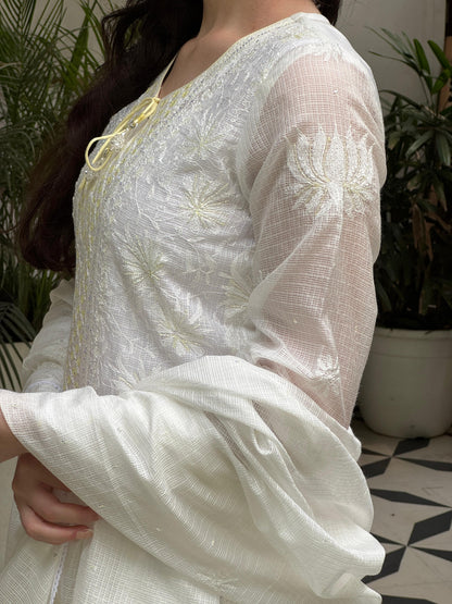 White & Lemon Shade Kota Pearl Work Chikankari Kurta Set
