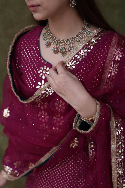 Mukaish Kamdani Plum shade Pure Georgette Kurta Gharara Set with Organza Dupatta