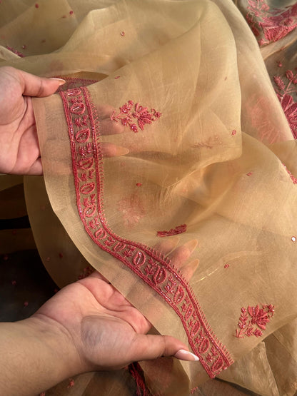 Beige Red Noor Organza Silk Chikankari Unstitched Kurta Dupatta Set