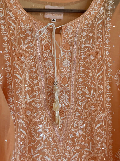 Coral Peach Shade Malmal Pearl White Chikankari Ready to Wear Kurta Set