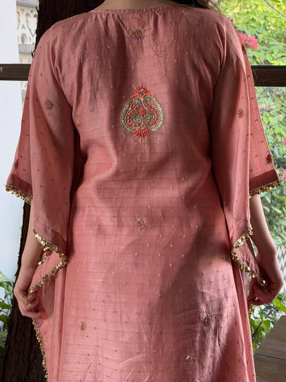 Peach Shade Zari Chanderi Chikankari Kaftan