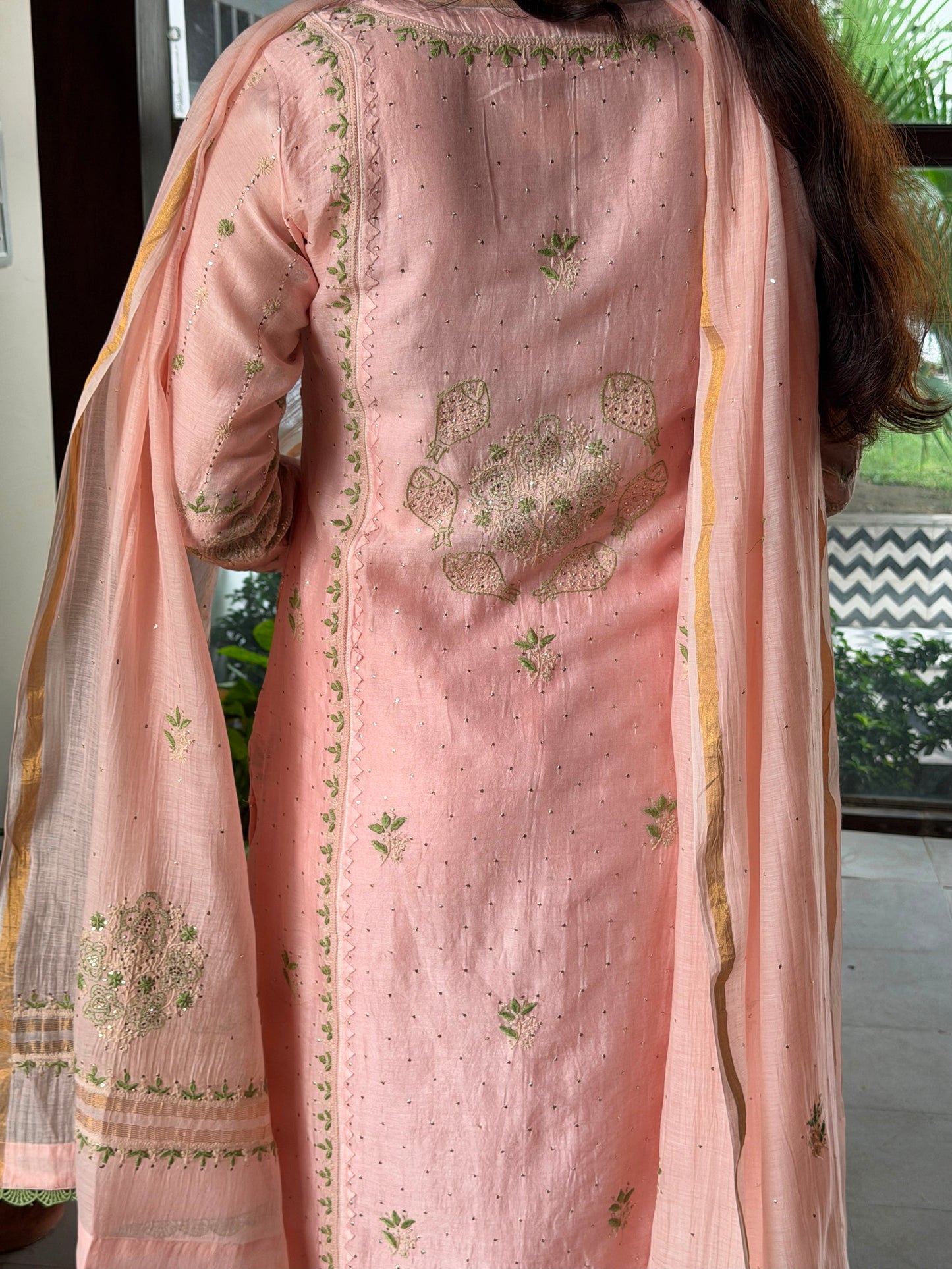 Applique Mahi Motif Soft Pink Mal Chanderi Chikankari Kurta Set