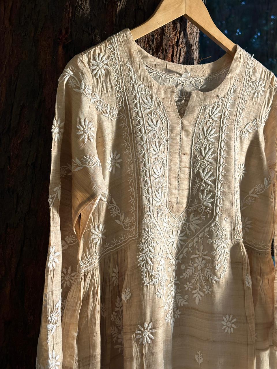 Natural Tussar Silk Chikankari Ready to Wear A Line Kurta