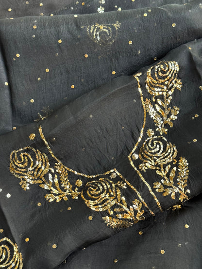 Jet Black | Noor Organza Silk Chikankari Unstitched Kurta Dupatta Set