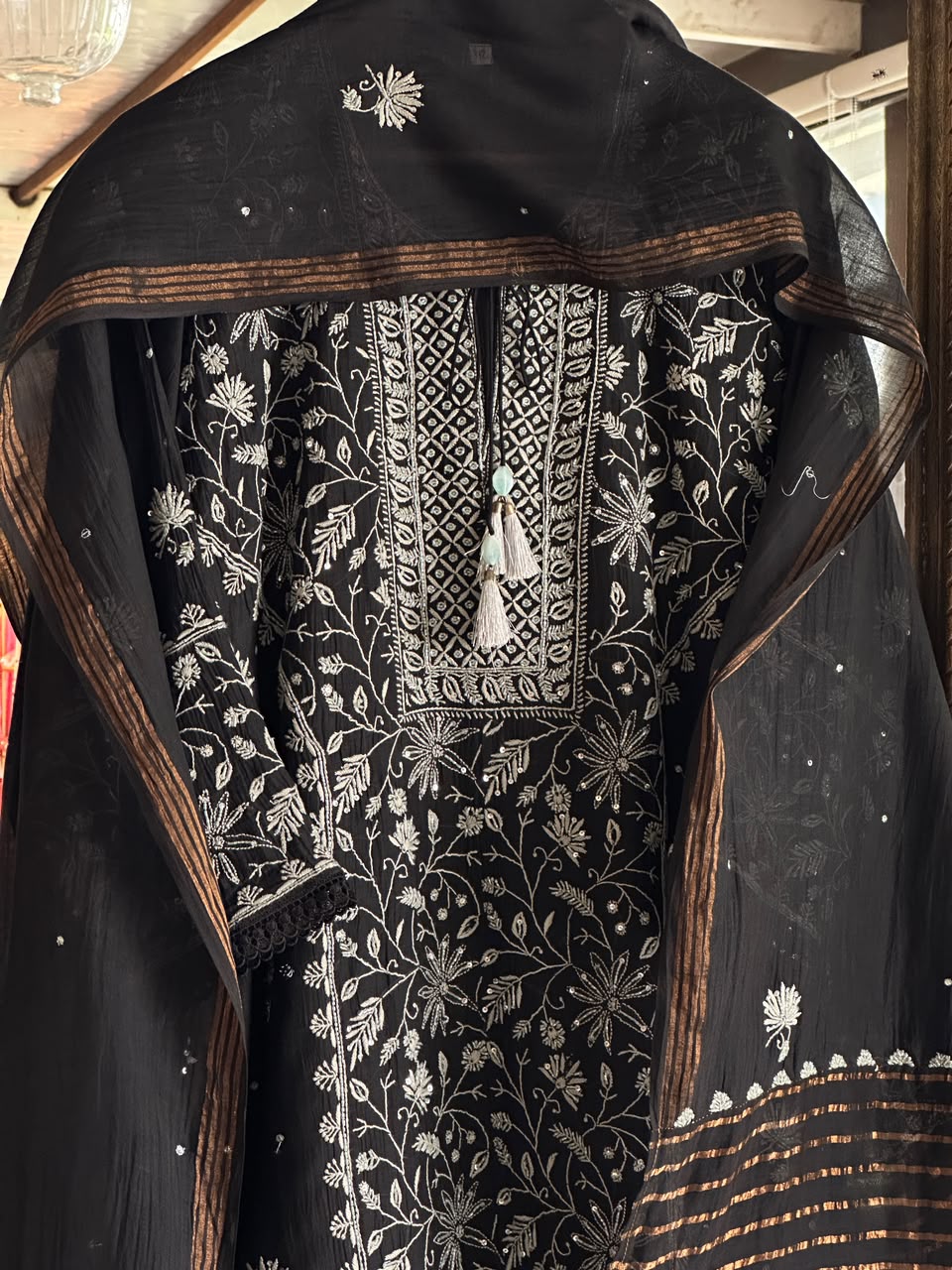 Black Mul Chanderi Chikankari Kurta Set with Pearl & Sequin Work