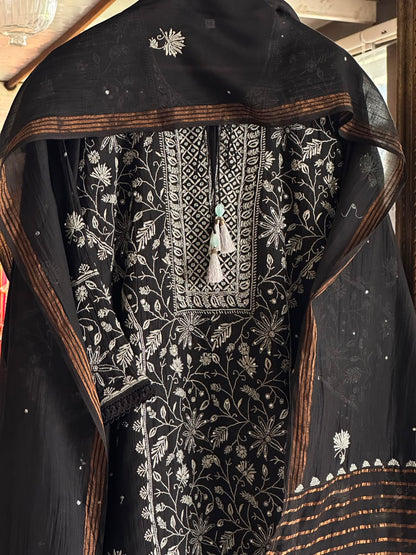 Black Mul Chanderi Chikankari Kurta Set with Pearl & Sequin Work