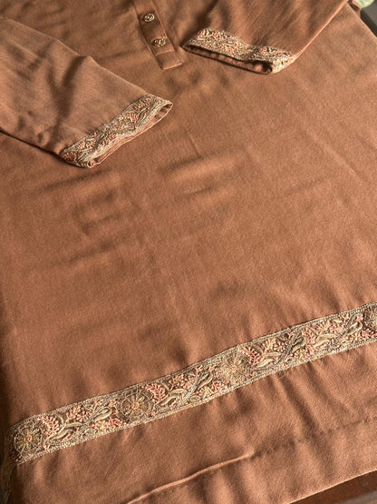 Clay Brown Kashmiri Pashmina Phiran with Handcrafted Ari & Chikankari Embroidery