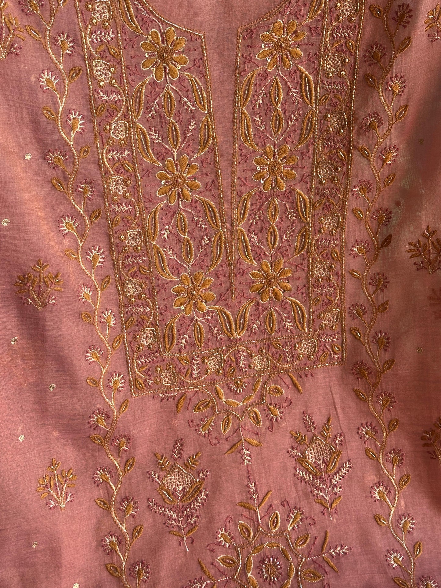 Rose Pink Shade Roheen Tissue Silk Chikankari Unstitched Fabric