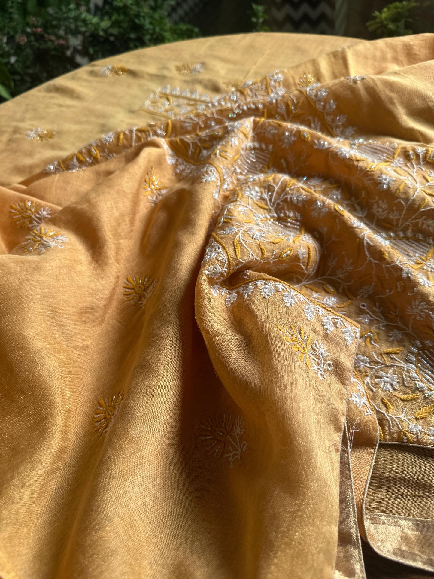 Yellow Tissue Silk Chikankari Unstitched Fabrics