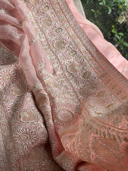 Soft Pink Heavy Organza Chikankari Saree With Blouse