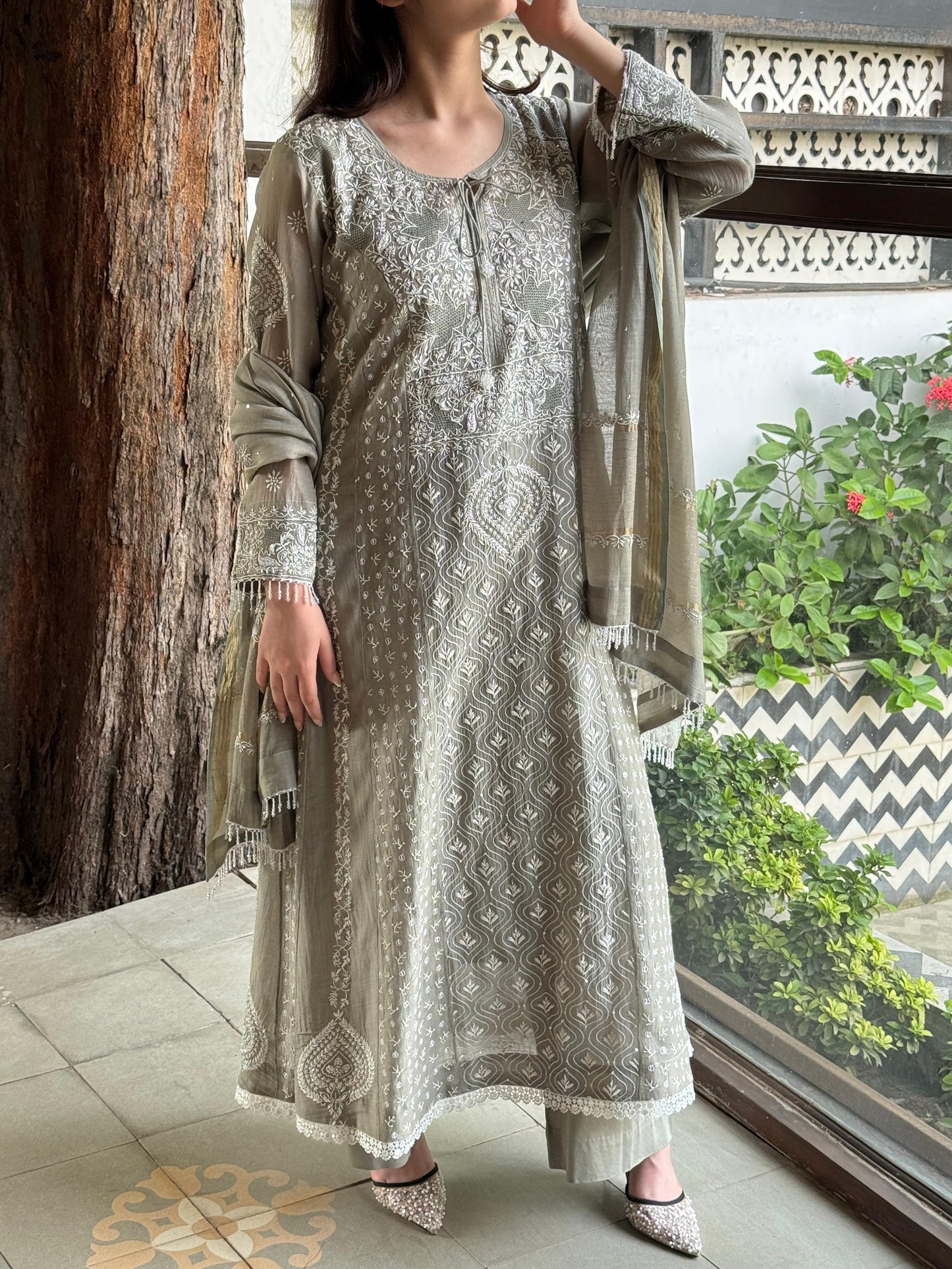 Slate Grey Shade Malmal Pearl Work Chikankari Anarkali