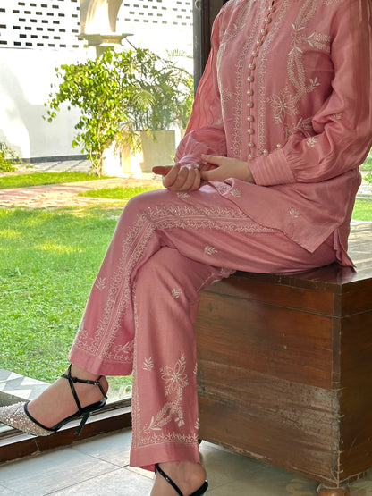 Pink Chanderi Chikankari Co-Ord Set