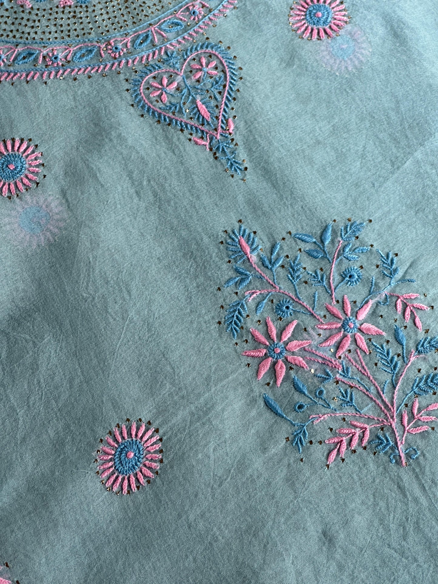 Blue Multi Shade Organza Silk Chikankari Unstitched Fabric