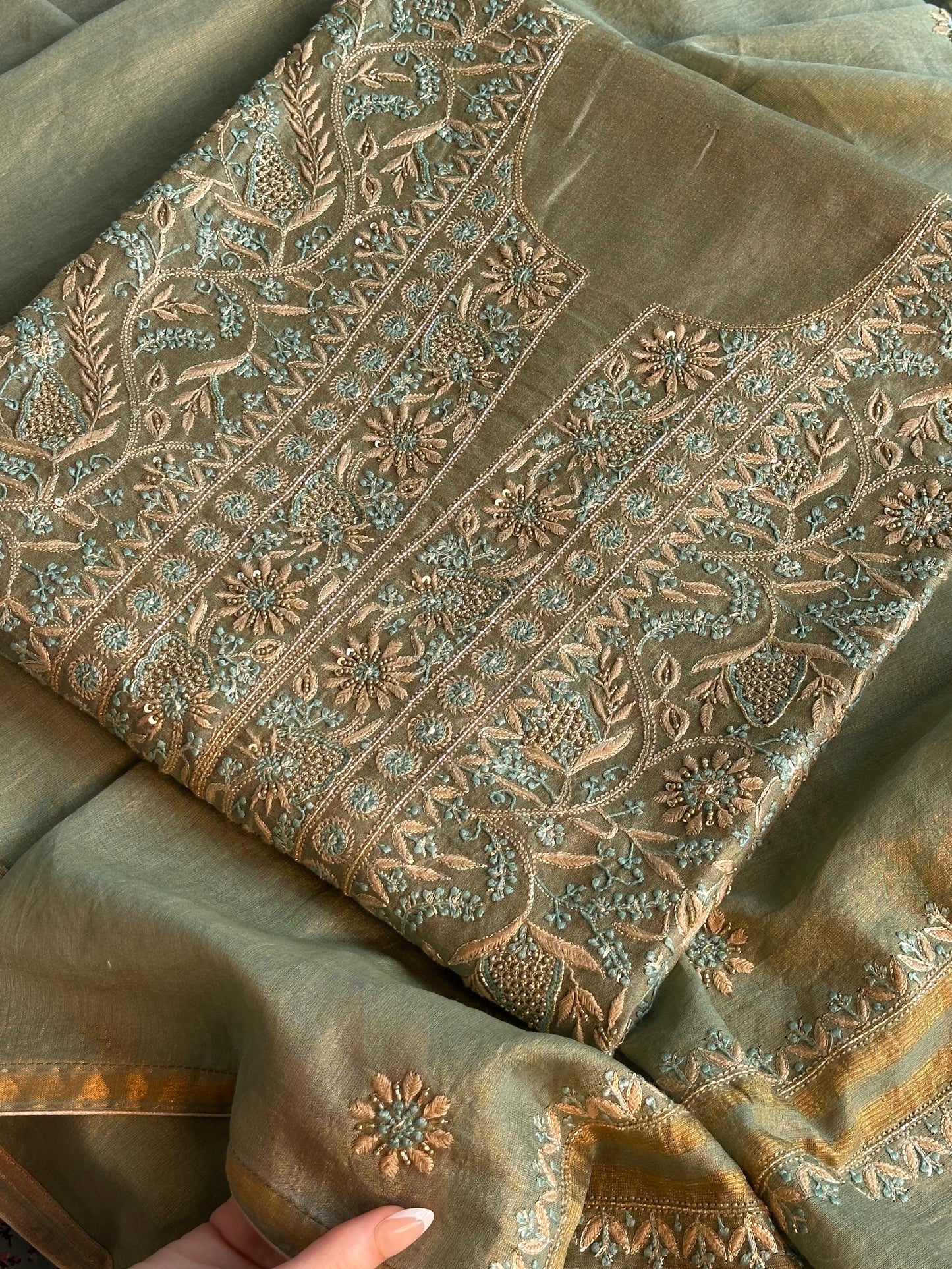 Cement Green Multi Shade Tissue Silk Chikankari Unstitched Fabric