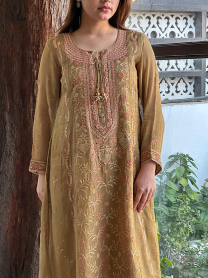 Mustard Shade Tissue Silk Chikankari Anarkali With Ari Work