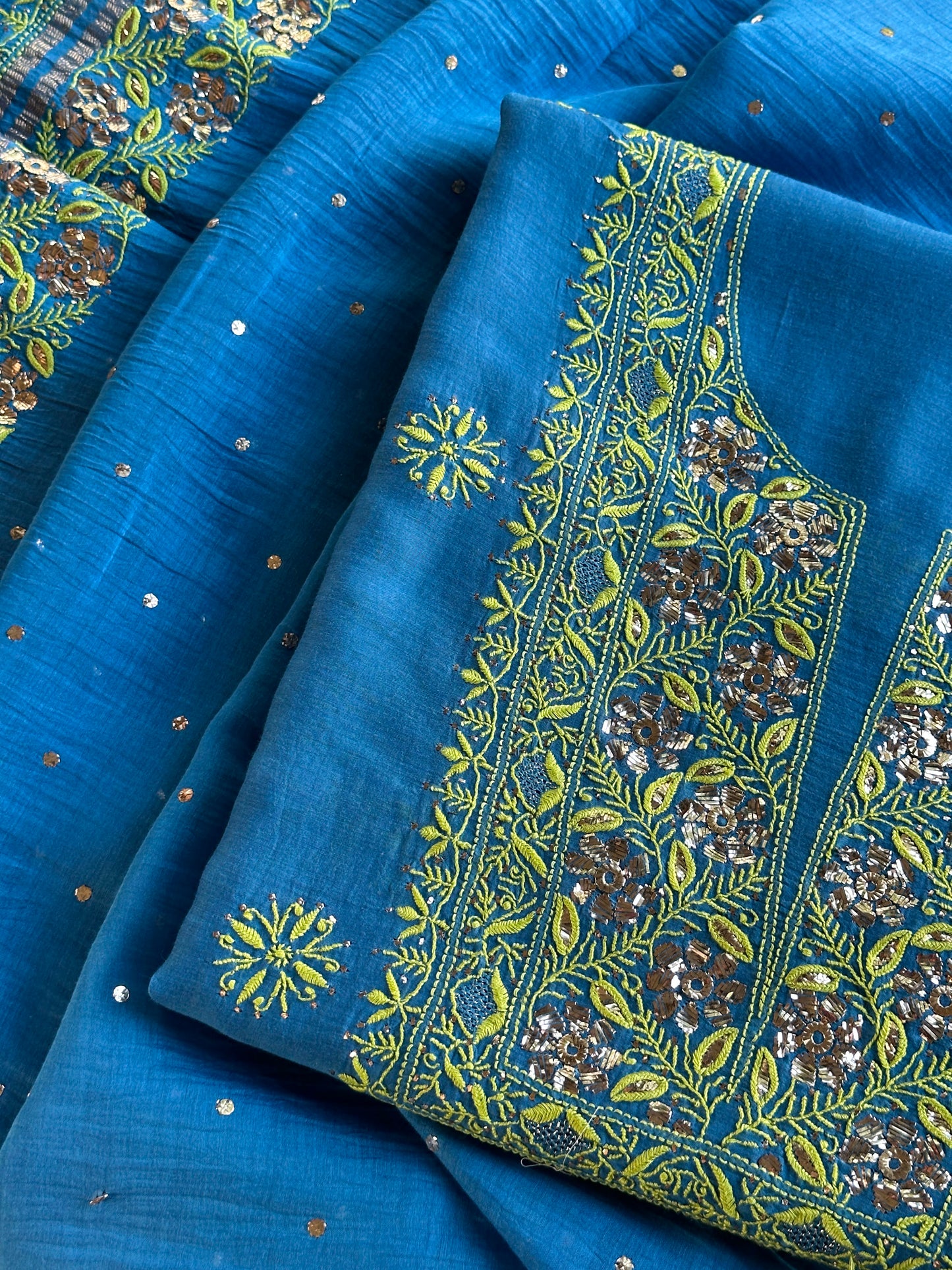 Blue & Green Shade Mal Cotton Chikankari Unstitched Kurta Dupatta Fabric With Mukaish Badla