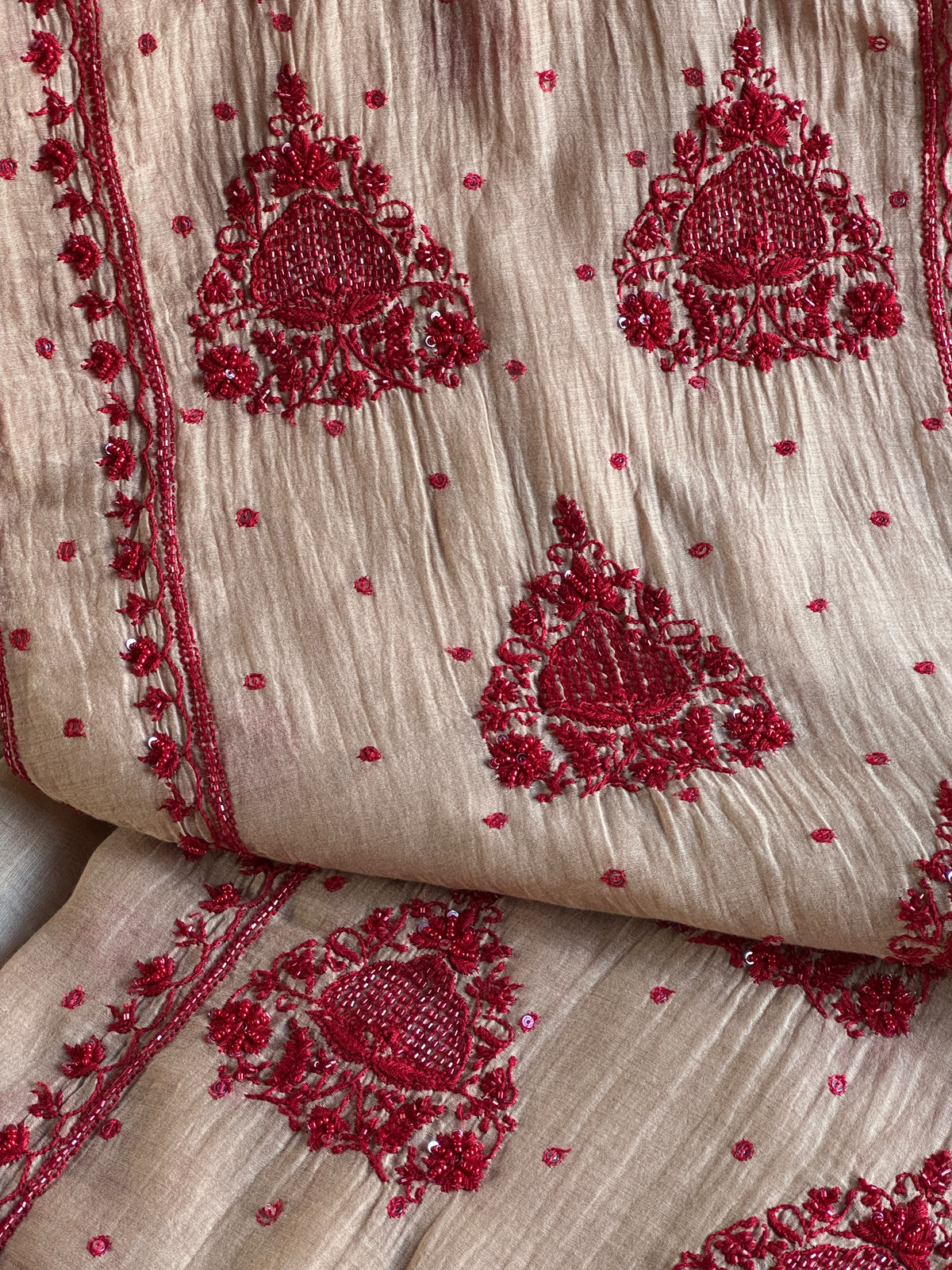Beige & Red Mal Chanderi Silk Chikankari With Sequins Unstitched Kurta Dupatta Set