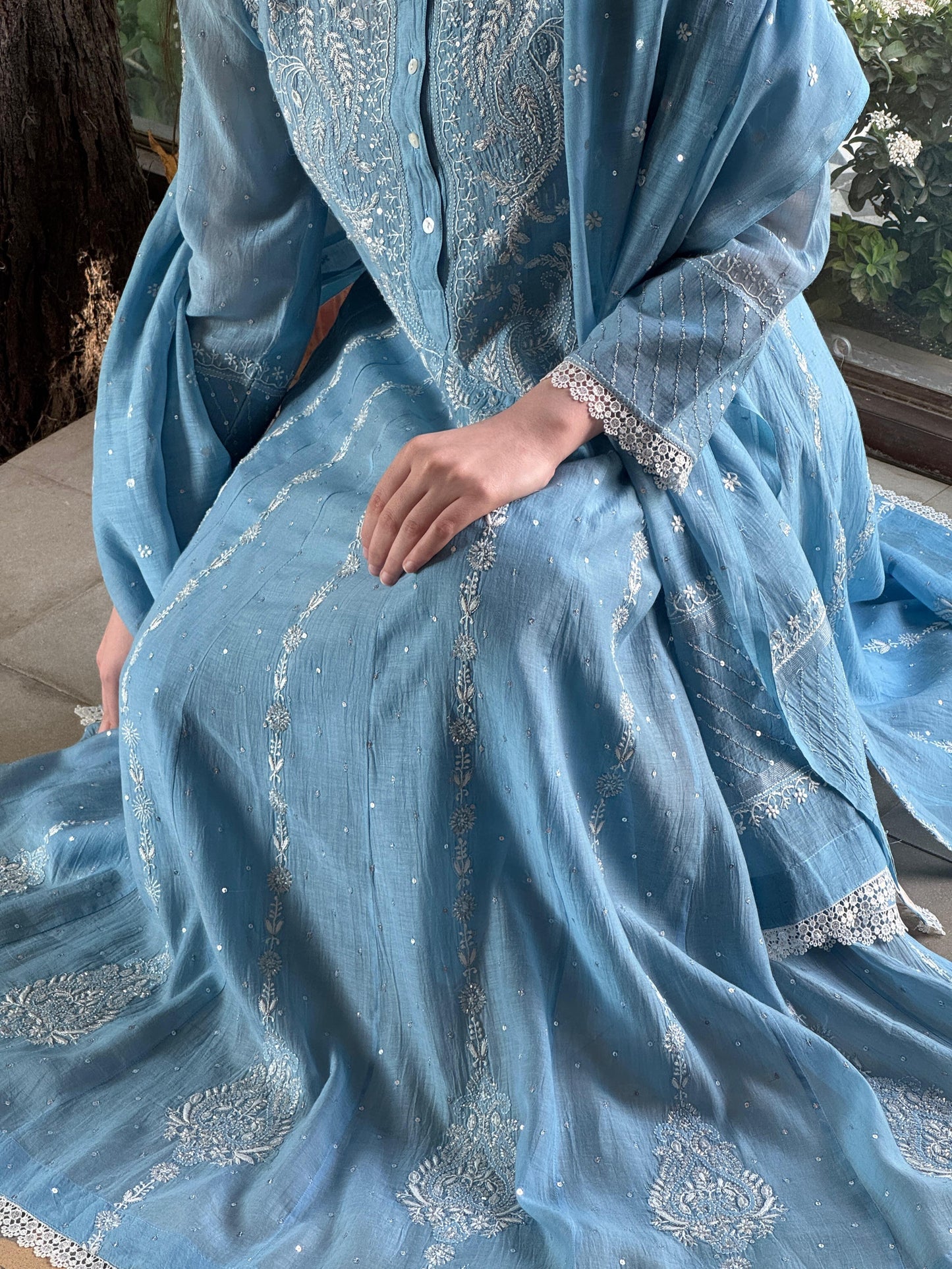Powder Blue Shade Malmal Pearl Work Chikankari Anarkali
