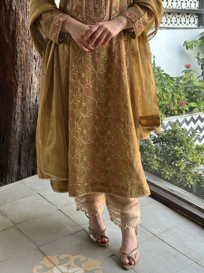 Mustard Shade Tissue Silk Chikankari Anarkali With Ari Work