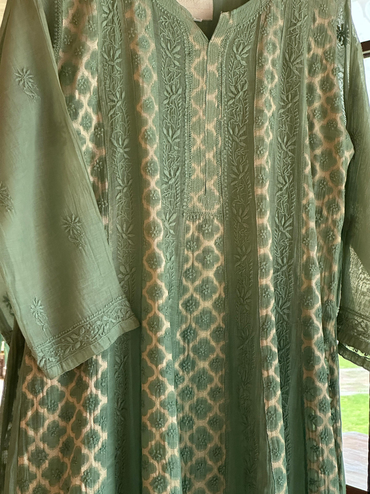 Green Zari Chanderi Chikankari A Line Kurta with Slip