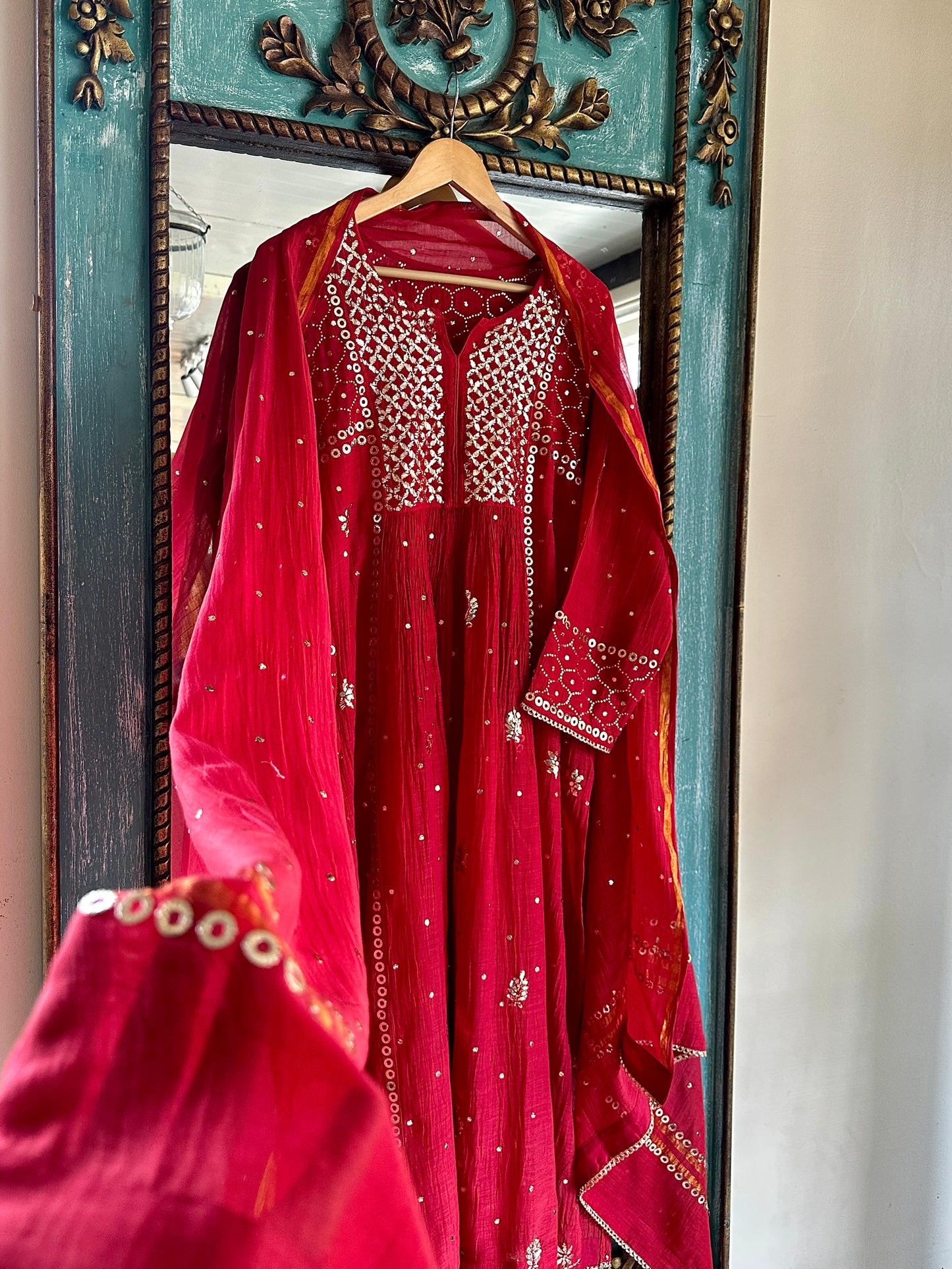 Cherry Red Shade Mukaish Mul Chanderi Silk Dress