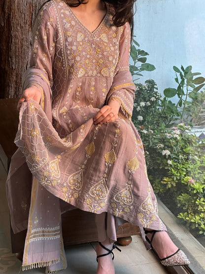 Mauve Shade Malmal Pearl Work Chikankari Kalidar Kurta Set