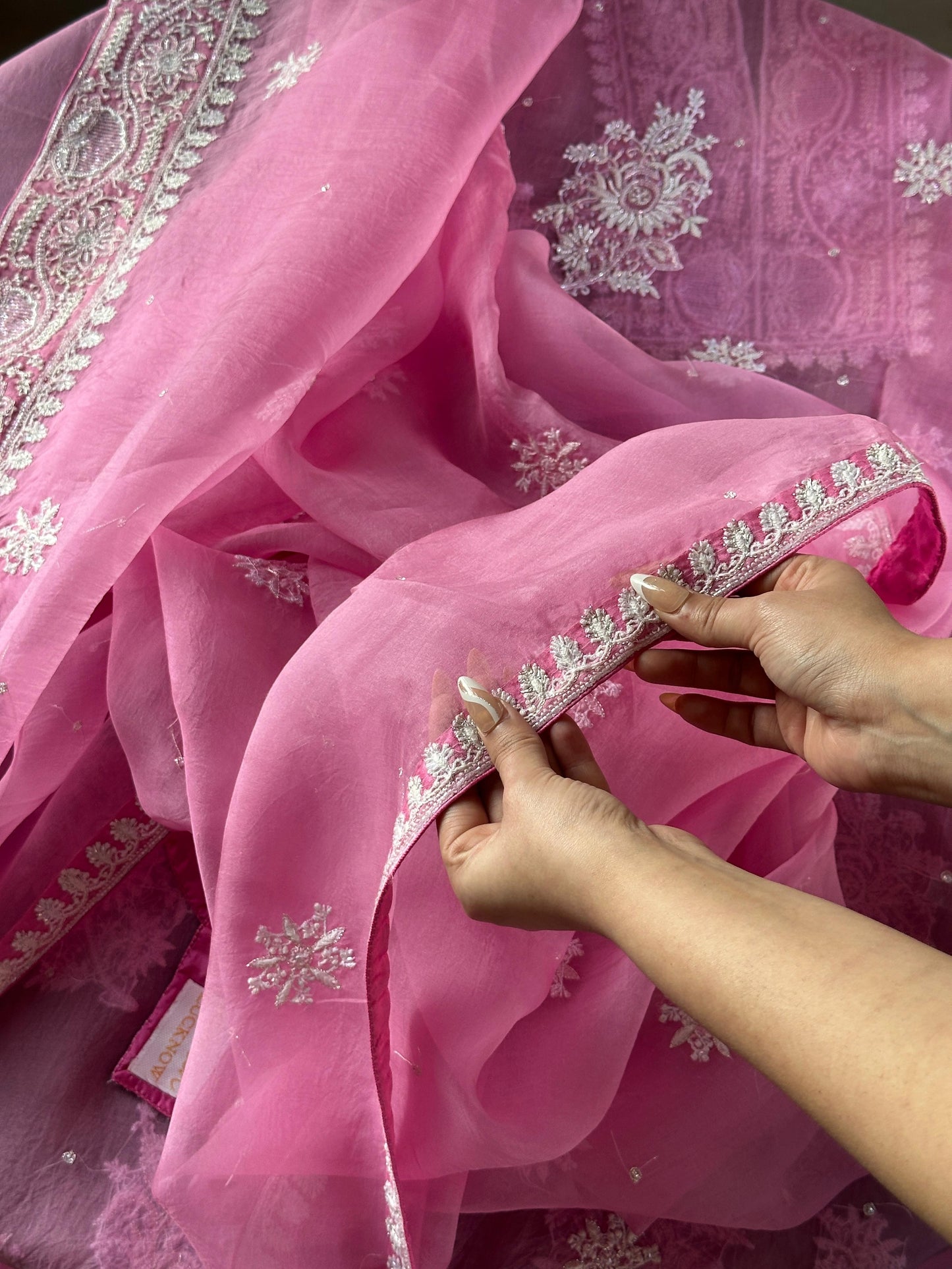 Pink Shade Noor Organza Silk Chikankari Unstitched Kurta Dupatta Set