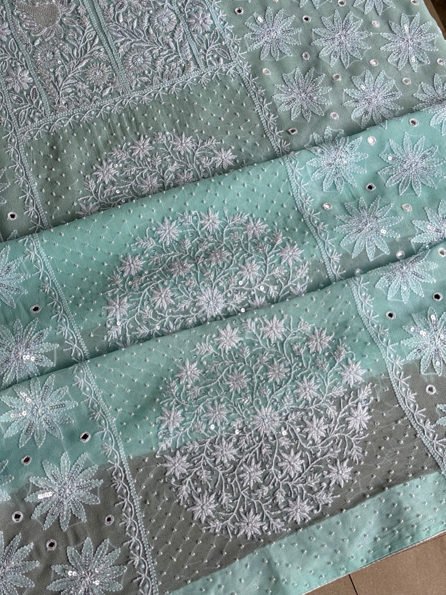 Aqua Green shade Georgette Mirror Work Chikankari Kurta Dupatta Set