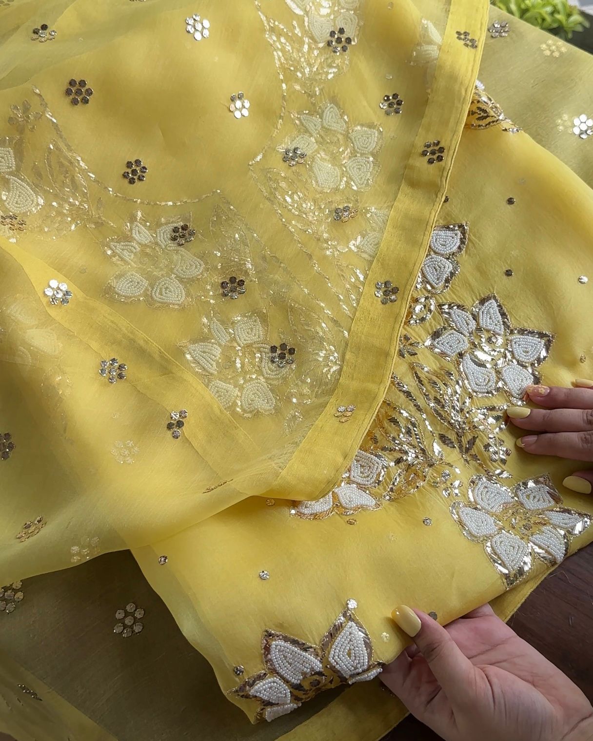 Yellow Noor Organza Silk Mukaish Pearl Chikankari Unstitched Fabric