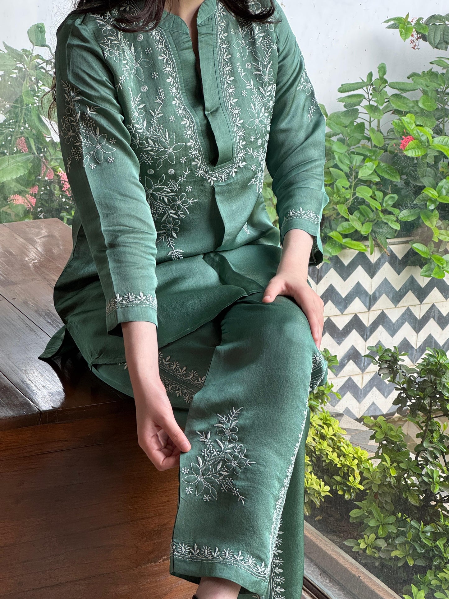 Slate Green Satin Shimmer Chikankari Co-Ord Set